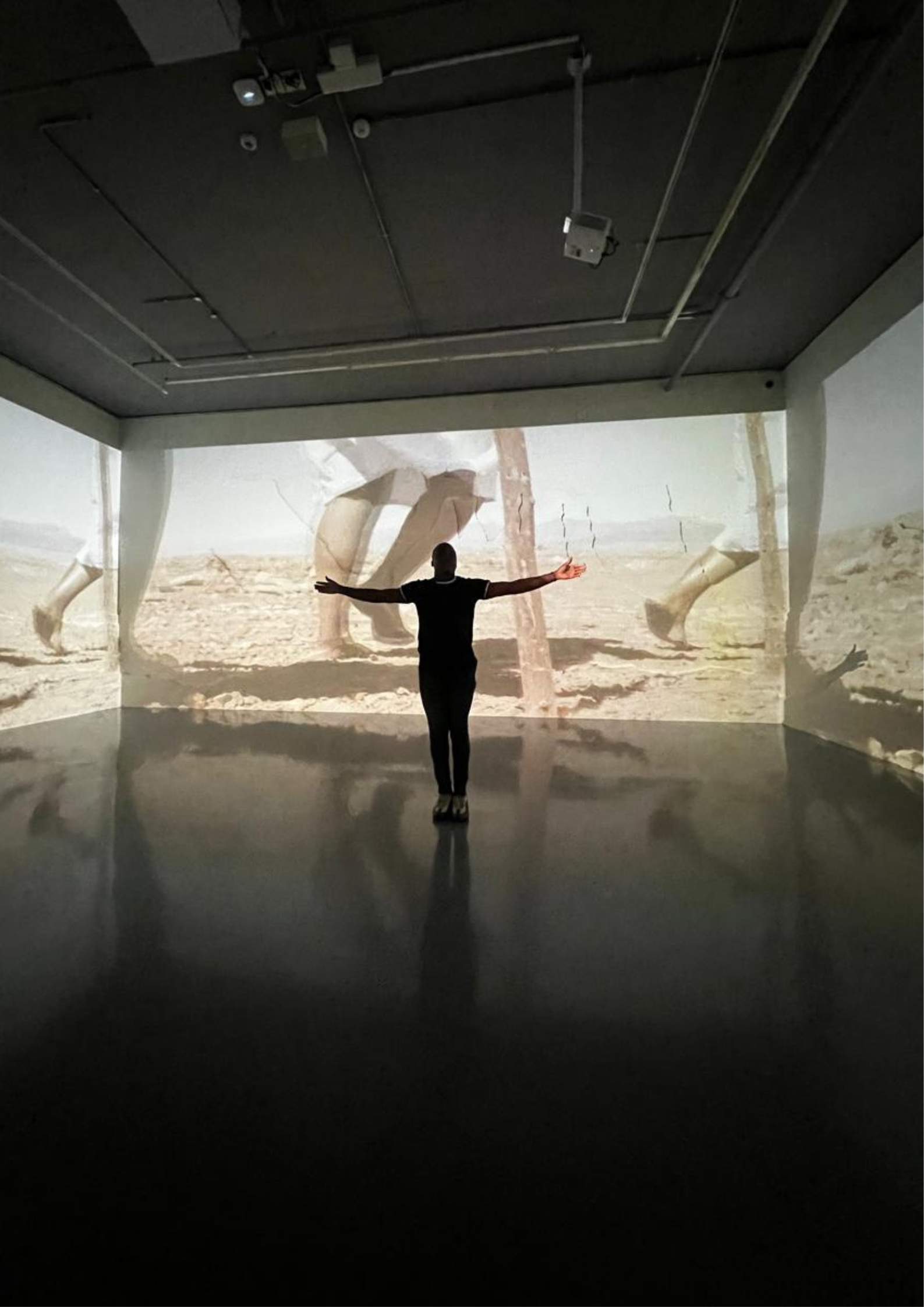 A figure standing with arms open wide in a softly lit open space — representing the embodied state of self-sovereignty and freedom