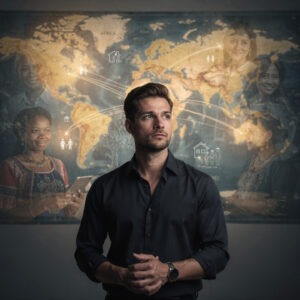 man standing at a crossroads representing five continents in search of a loyal wife who builds his legacy