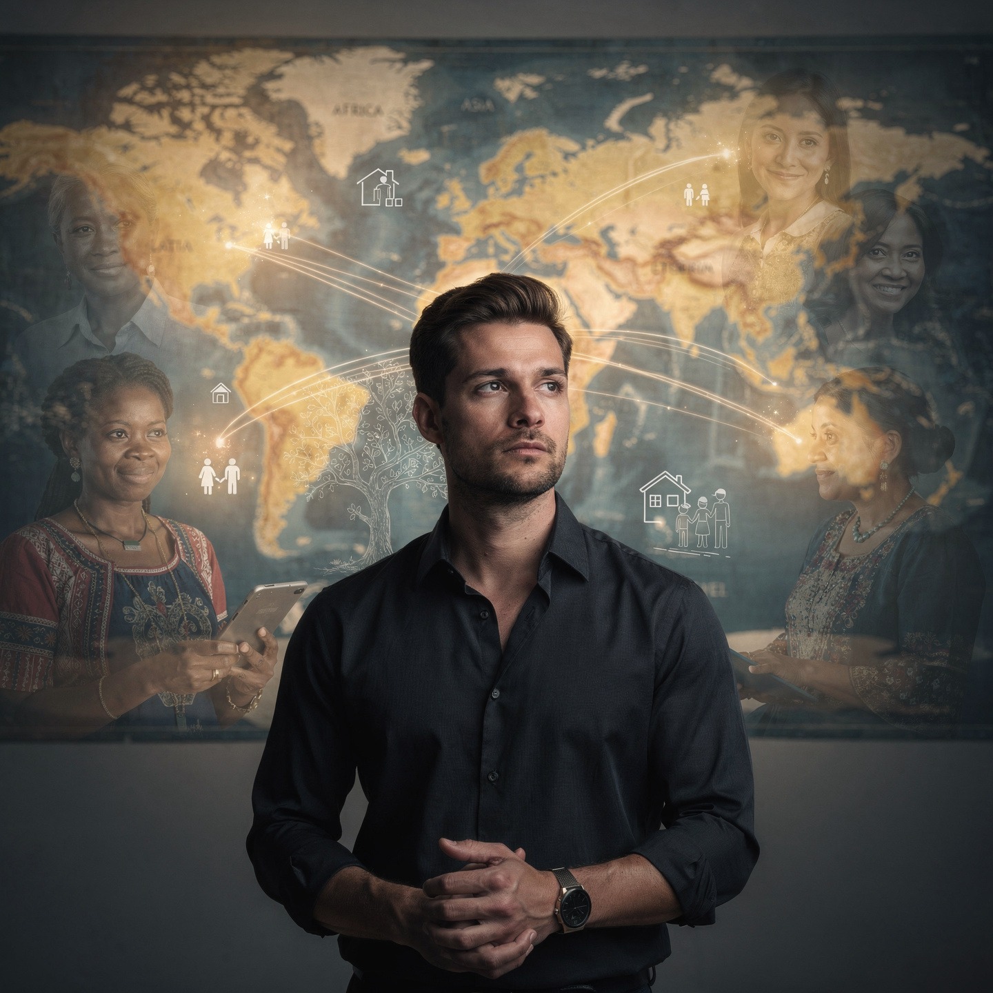 man standing at a crossroads representing five continents in search of a loyal wife who builds his legacy