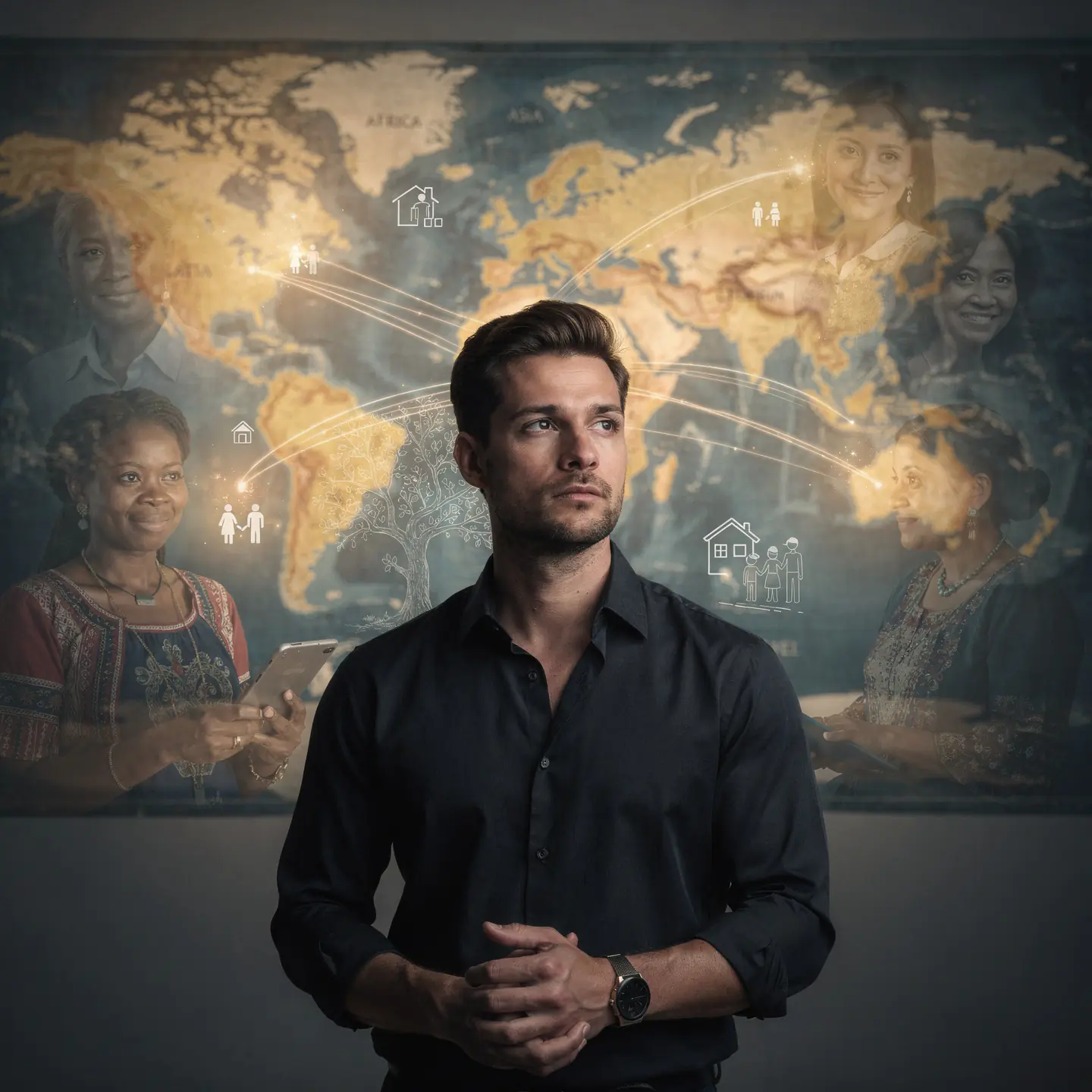 man standing at a crossroads representing five continents in search of a loyal wife who builds his legacy