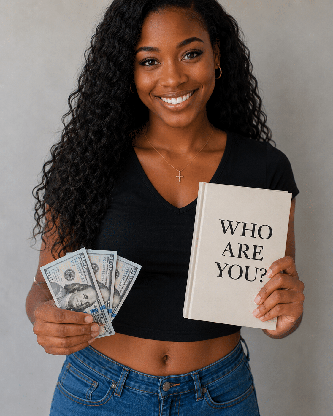 Woman holding money and a Who Are You book, representing identity transformation and the relationship between self-image and wealth.